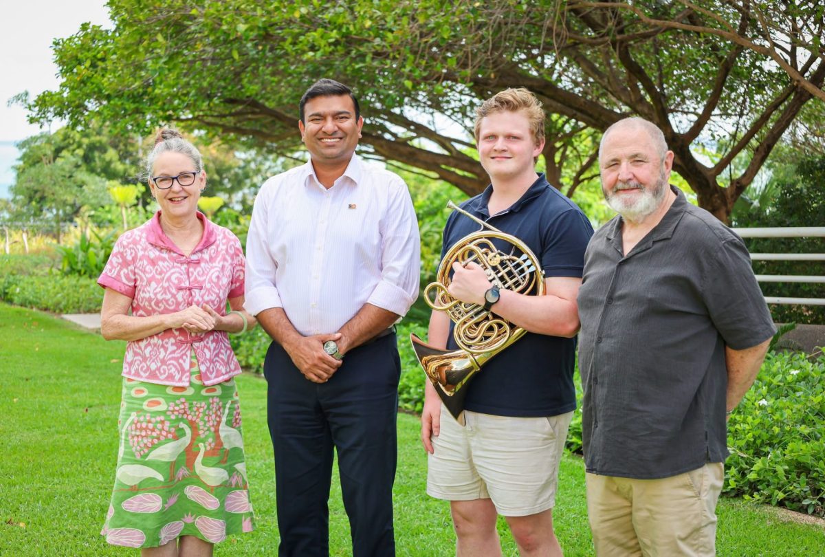Darwin Symphony Orchestra Chair Claire Kilgariff, Minister for Arts Jinson Charls, youth musician Jethro Llewellyn and Darwin Symphony Orchestra Artistic Director and Chief Conductor Richard Mills AO. Photo credit: Courtesy of the Office of Jinson Anto Charls MLA 