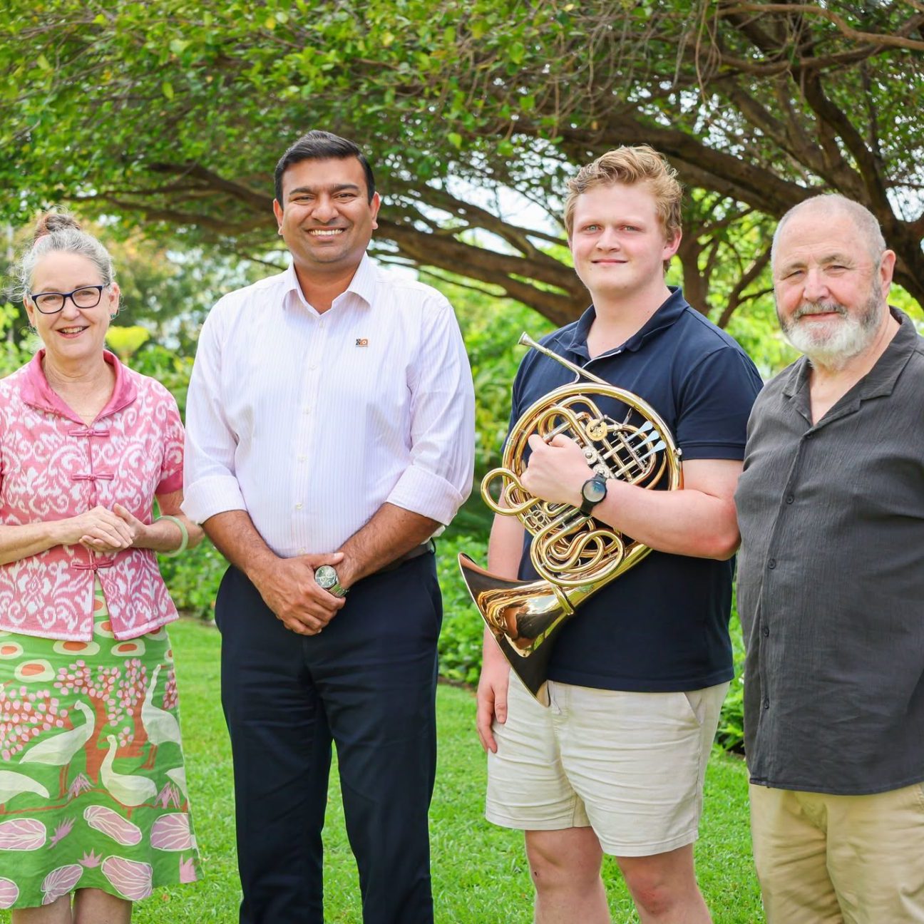 Darwin Symphony Orchestra Chair Claire Kilgariff, Minister for Arts Jinson Charls, youth musician Jethro Llewellyn and Darwin Symphony Orchestra Artistic Director and Chief Conductor Richard Mills AO. Photo credit: Courtesy of the Office of Jinson Anto Charls MLA 